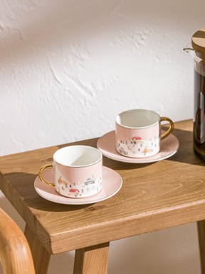 Baskılı 2 Kişilik Porselen Kahve Fincan Takımı 90 Ml AÇIK PEMBE