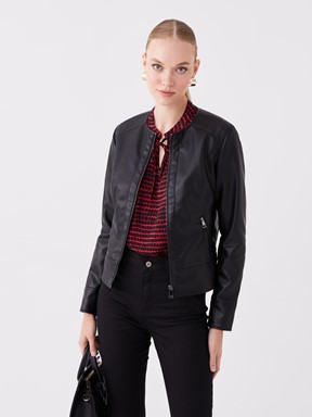 Deri Görünümlü Mont YENİ SİYAH