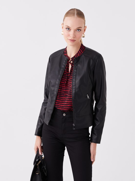 Deri Görünümlü Mont YENİ SİYAH