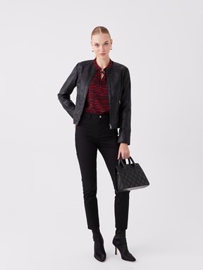 Deri Görünümlü Mont YENİ SİYAH