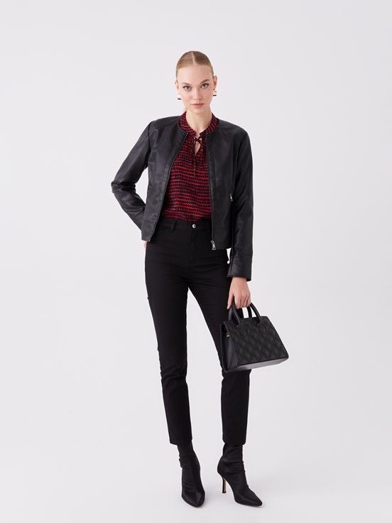 Deri Görünümlü Mont YENİ SİYAH