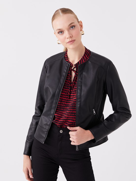 Deri Görünümlü Mont YENİ SİYAH