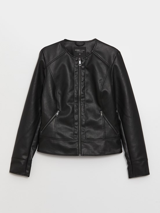 Deri Görünümlü Mont YENİ SİYAH