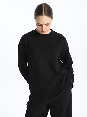 MODEST Bisiklet Yaka Düz Uzun Kollu Oversize Kadın Sweatshirt Tunik MAT YEŞİL
