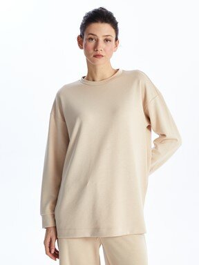 MODEST Bisiklet Yaka Düz Uzun Kollu Oversize Kadın Sweatshirt Tunik MAT YEŞİL