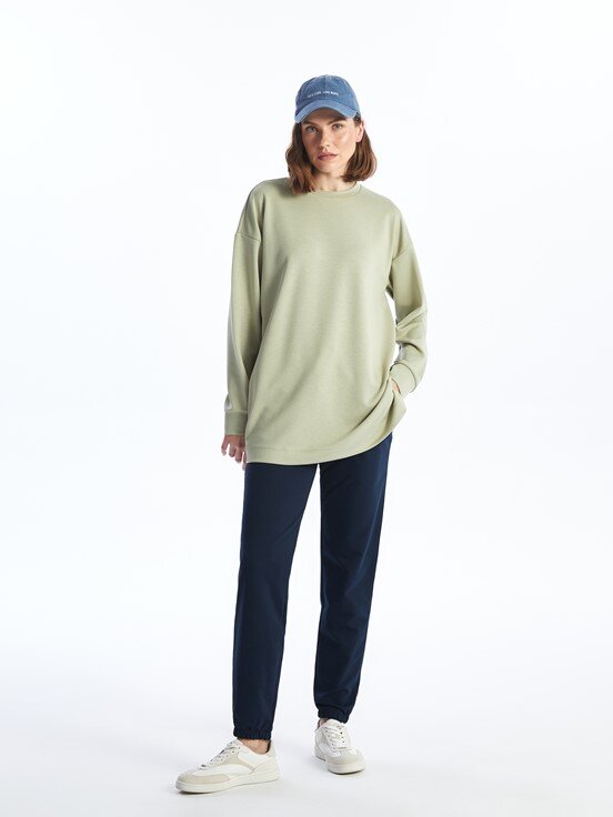 MODEST Bisiklet Yaka Düz Uzun Kollu Oversize Kadın Sweatshirt Tunik MAT YEŞİL