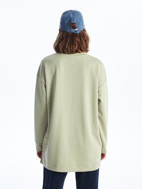 MODEST Bisiklet Yaka Düz Uzun Kollu Oversize Kadın Sweatshirt Tunik MAT YEŞİL
