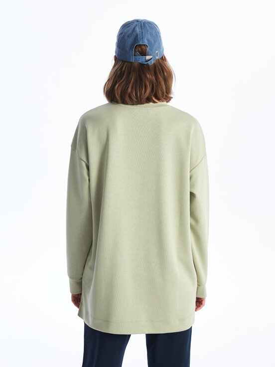 MODEST Bisiklet Yaka Düz Uzun Kollu Oversize Kadın Sweatshirt Tunik MAT YEŞİL