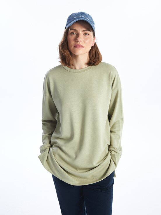 MODEST Bisiklet Yaka Düz Uzun Kollu Oversize Kadın Sweatshirt Tunik MAT YEŞİL