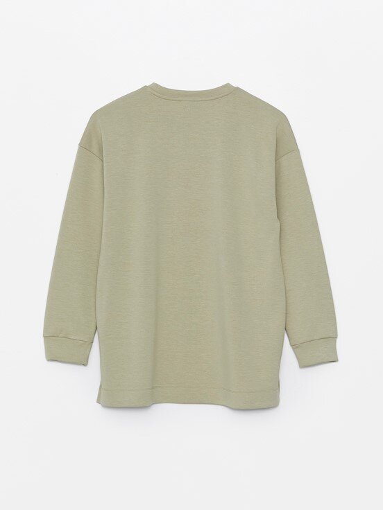 MODEST Bisiklet Yaka Düz Uzun Kollu Oversize Kadın Sweatshirt Tunik MAT YEŞİL