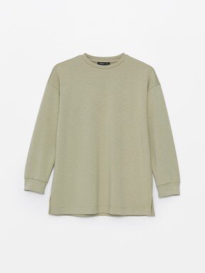 MODEST Bisiklet Yaka Düz Uzun Kollu Oversize Kadın Sweatshirt Tunik MAT YEŞİL