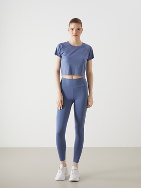 XSIDE Bisiklet Yaka Düz Kısa Kollu Crop Kadın Spor Tişört İNDİGO