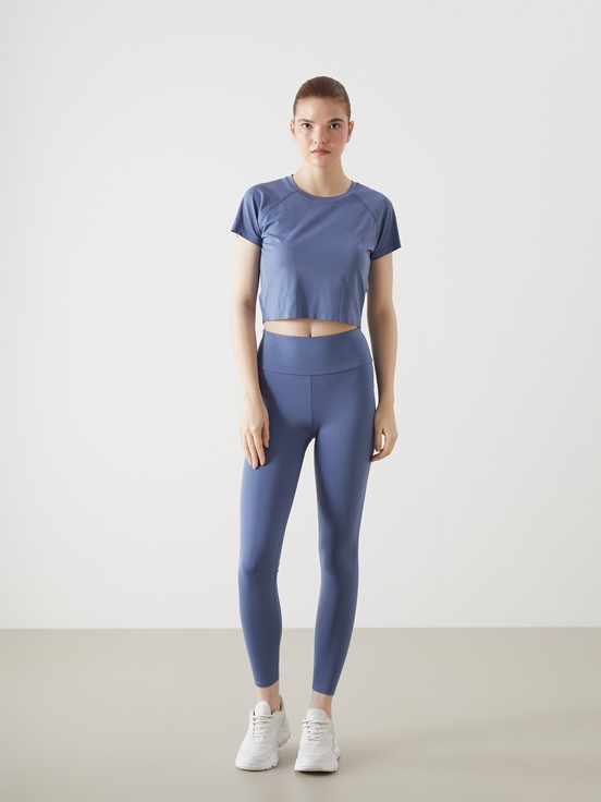 XSIDE Bisiklet Yaka Düz Kısa Kollu Crop Kadın Spor Tişört İNDİGO