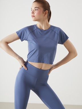 XSIDE Bisiklet Yaka Düz Kısa Kollu Crop Kadın Spor Tişört İNDİGO