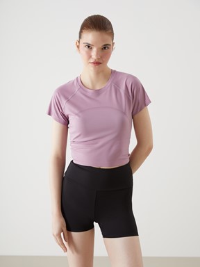 XSIDE Bisiklet Yaka Düz Kısa Kollu Crop Kadın Spor Tişört İNDİGO