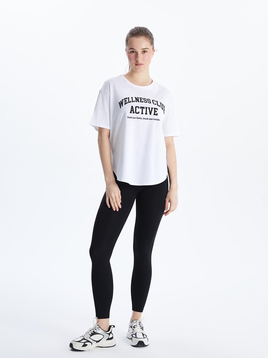 LCW ACTIVE Bisiklet Yaka Baskılı Kadın Spor Tişört BUXE BEYAZI