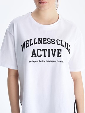 LCW ACTIVE Bisiklet Yaka Baskılı Kadın Spor Tişört BUXE BEYAZI