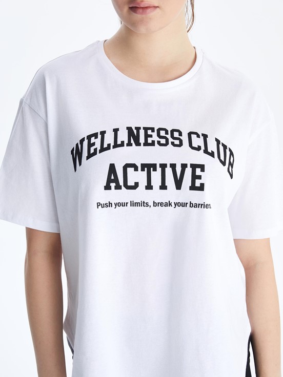 LCW ACTIVE Bisiklet Yaka Baskılı Kadın Spor Tişört BUXE BEYAZI
