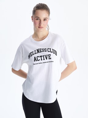 LCW ACTIVE Bisiklet Yaka Baskılı Kadın Spor Tişört BUXE BEYAZI