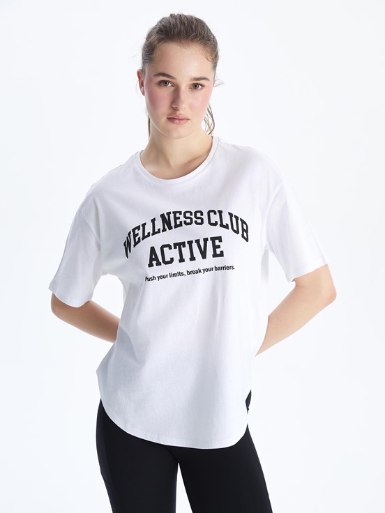 LCW ACTIVE Bisiklet Yaka Baskılı Kadın Spor Tişört BUXE BEYAZI