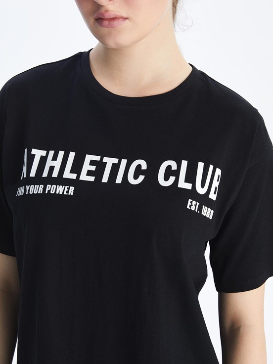 LCW ACTIVE Bisiklet Yaka Baskılı Kadın Spor Tişört YENİ SİYAH