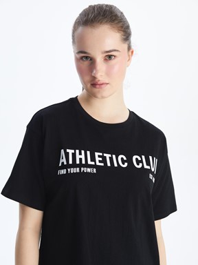 LCW ACTIVE Bisiklet Yaka Baskılı Kadın Spor Tişört YENİ SİYAH
