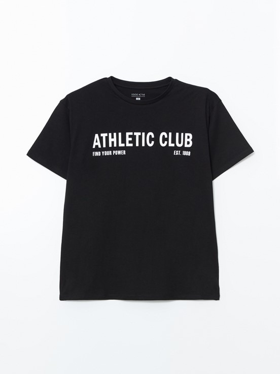LCW ACTIVE Bisiklet Yaka Baskılı Kadın Spor Tişört YENİ SİYAH