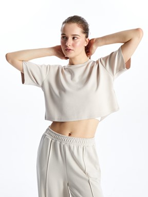 XSIDE Bisiklet Yaka Düz Kısa Kollu Crop Kadın Spor Tişört BEBEK MAVİSİ