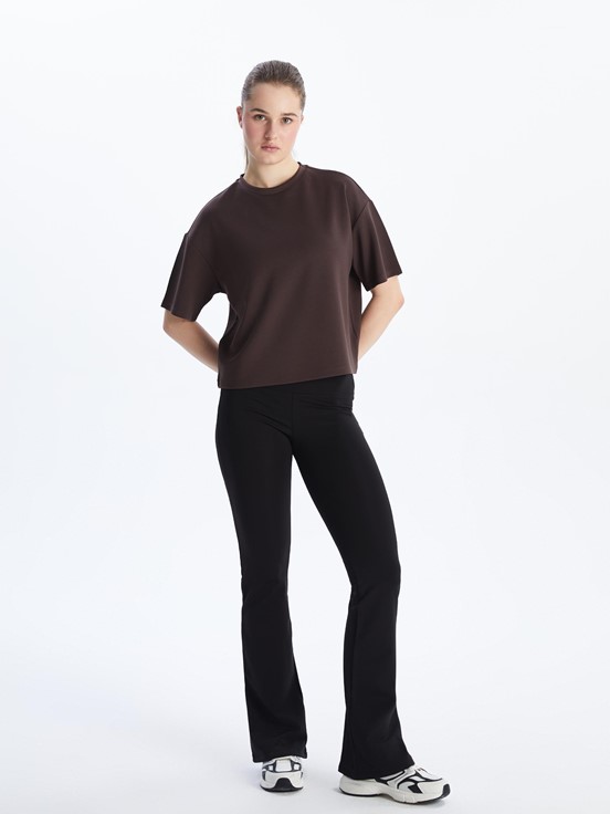 Bisiklet Yaka Oversize Crop Kadın Spor Tişört KAHVE