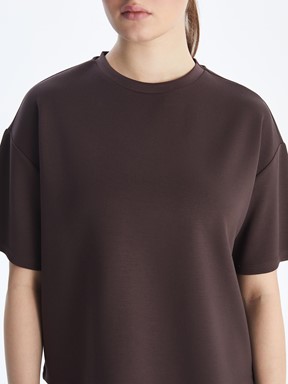 Bisiklet Yaka Oversize Crop Kadın Spor Tişört KAHVE