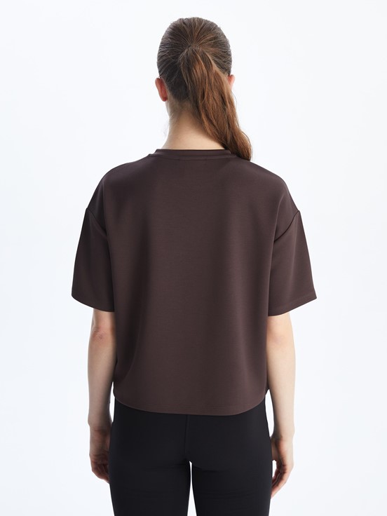 Bisiklet Yaka Oversize Crop Kadın Spor Tişört KAHVE
