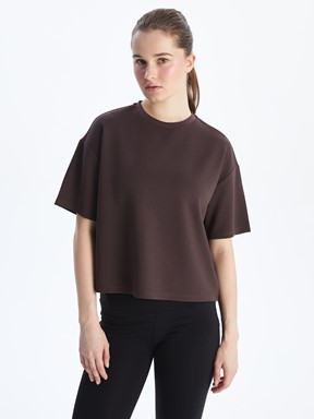 Bisiklet Yaka Oversize Crop Kadın Spor Tişört KAHVE