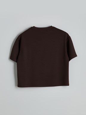 Bisiklet Yaka Oversize Crop Kadın Spor Tişört KAHVE