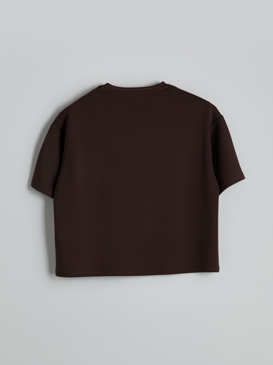 Bisiklet Yaka Oversize Crop Kadın Spor Tişört KAHVE