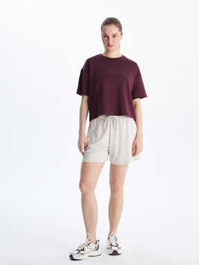 Bisiklet Yaka Oversize Crop Kadın Spor Tişört MÜRDÜM