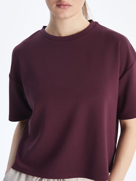 Bisiklet Yaka Oversize Crop Kadın Spor Tişört MÜRDÜM