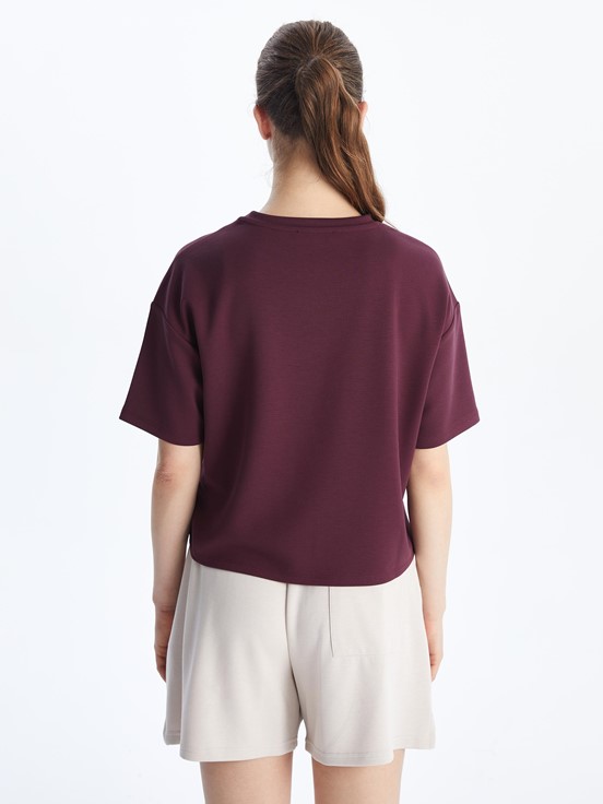 Bisiklet Yaka Oversize Crop Kadın Spor Tişört MÜRDÜM
