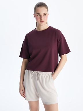 Bisiklet Yaka Oversize Crop Kadın Spor Tişört MÜRDÜM