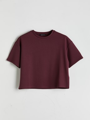 Bisiklet Yaka Oversize Crop Kadın Spor Tişört MÜRDÜM