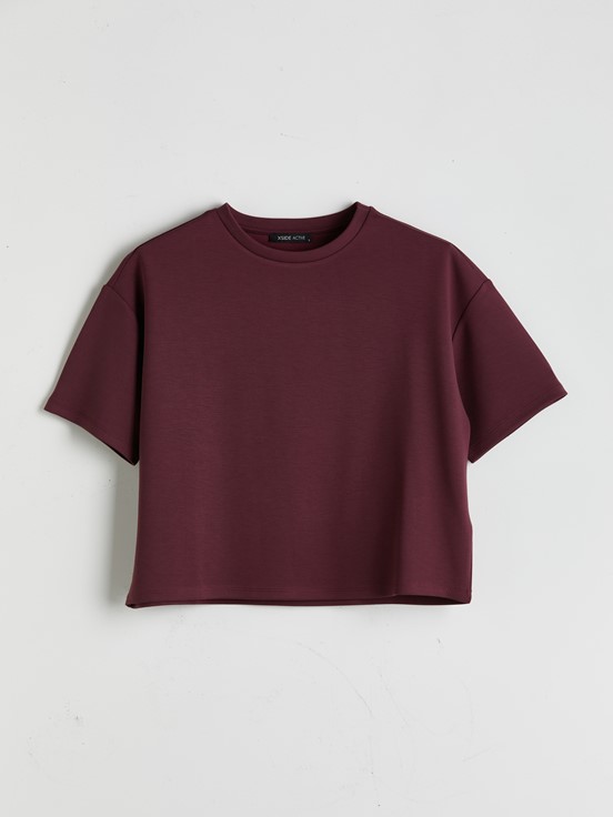 Bisiklet Yaka Oversize Crop Kadın Spor Tişört MÜRDÜM