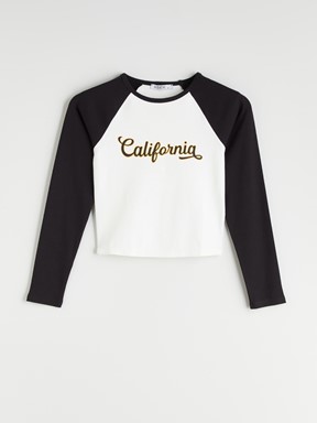 Bisiklet Yaka California Baskılı Crop EKRU