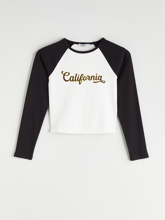 Bisiklet Yaka California Baskılı Crop EKRU