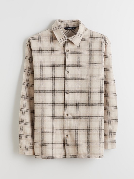 Rahat Kalıp Uzun Kollu Ekose Erkek Oduncu Gömlek BEJ EKOSELİ