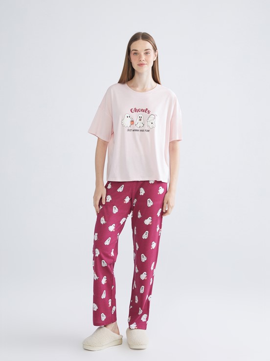 Pijama Takım AÇIK BORDO BASKILI