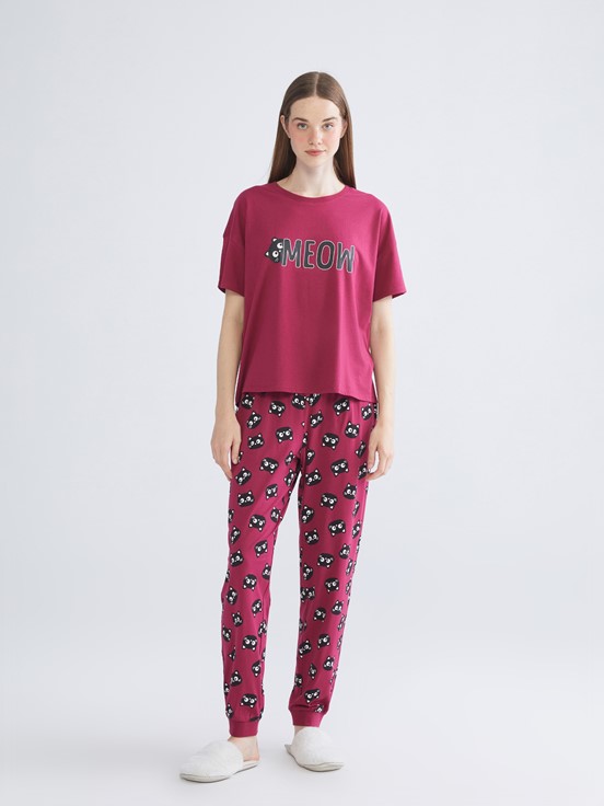 Pijama Takım AÇIK BORDO BASKILI