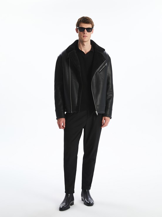 Deri Görünümlü Mont YENİ SİYAH