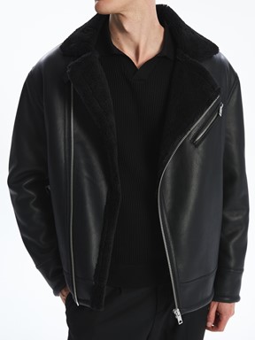 Deri Görünümlü Mont YENİ SİYAH