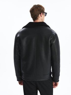 Deri Görünümlü Mont YENİ SİYAH