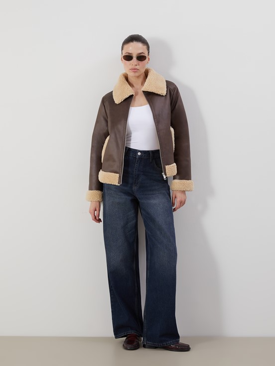 Deri Görünümlü Mont KOYU KAHVERENGİ