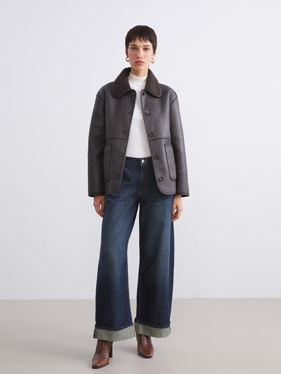 Deri Görünümlü Mont KAHVERENGİ